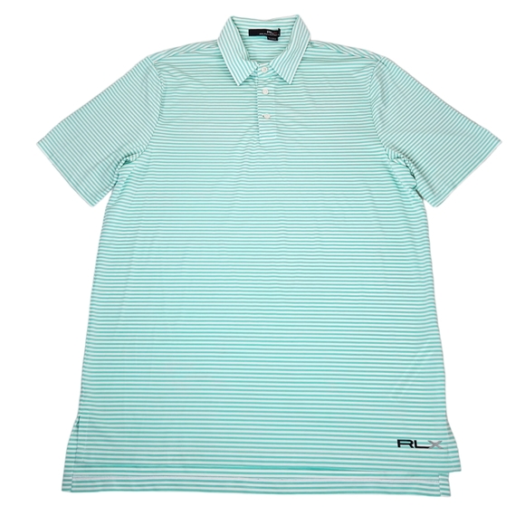 RLX Ralph Lauren Striped Polo Shirt Stretch Teal Green / White Striped Men's L - Picture 2 of 8